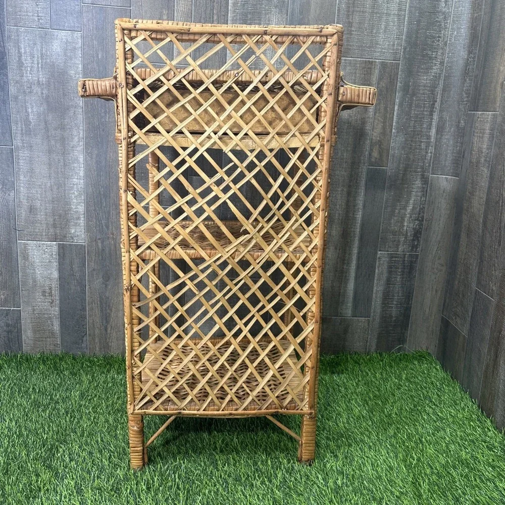 Vintage MCM Wicker Rattan 3 Tier Shelf Bookcase Plant Stand w/ Drawer Boho